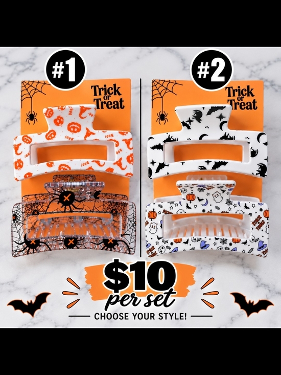 Accessories - Halloween Kids Hair Claw Clip Set - White & Orange